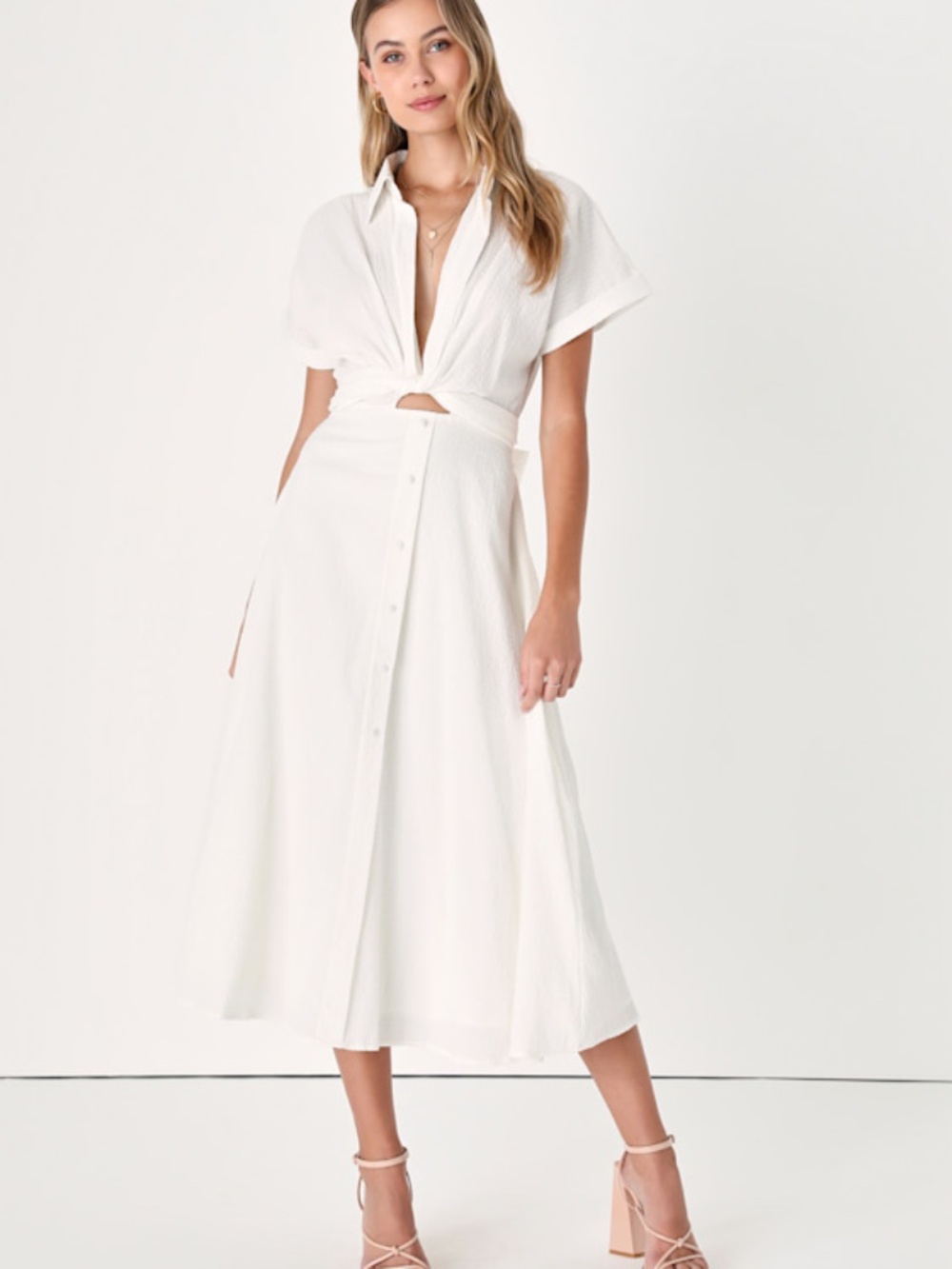 Lulus Palermo Perfection White Collared Midi Dress With Pockets - Size XS